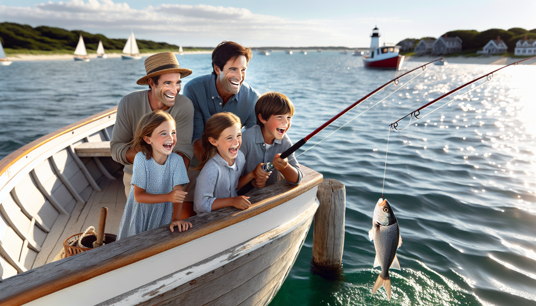 A family enjoying a fishing trip in Nantucket Sound