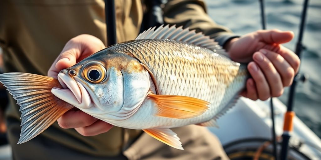 Fisherman with a caught porgy fish and gear.