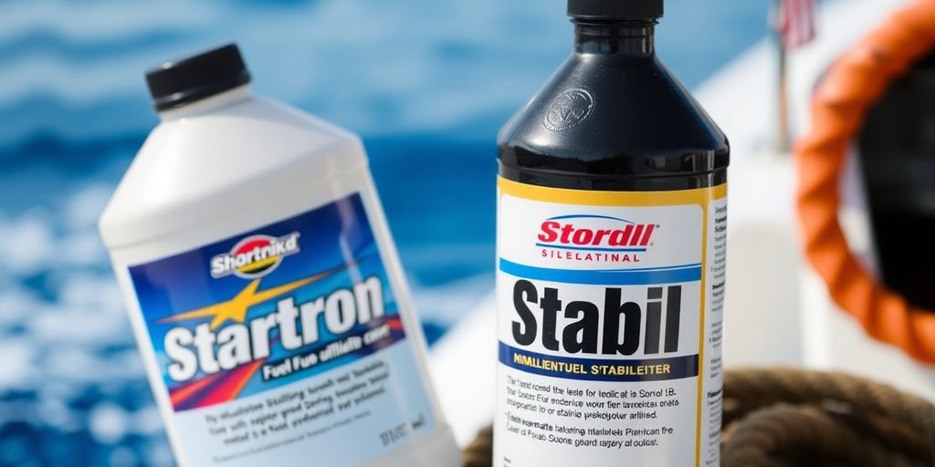 Two fuel stabilizer bottles on a marine background.