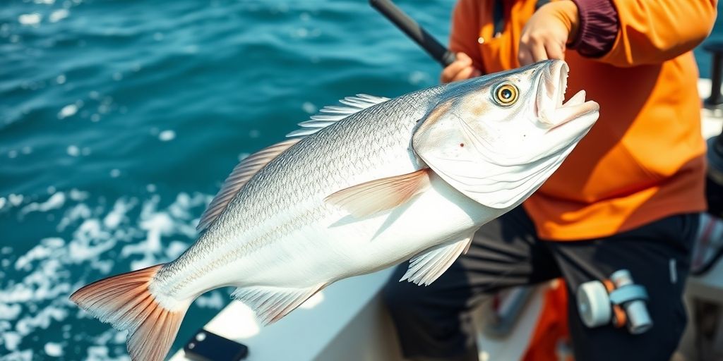 Fisherman catching sea bass on a boat.