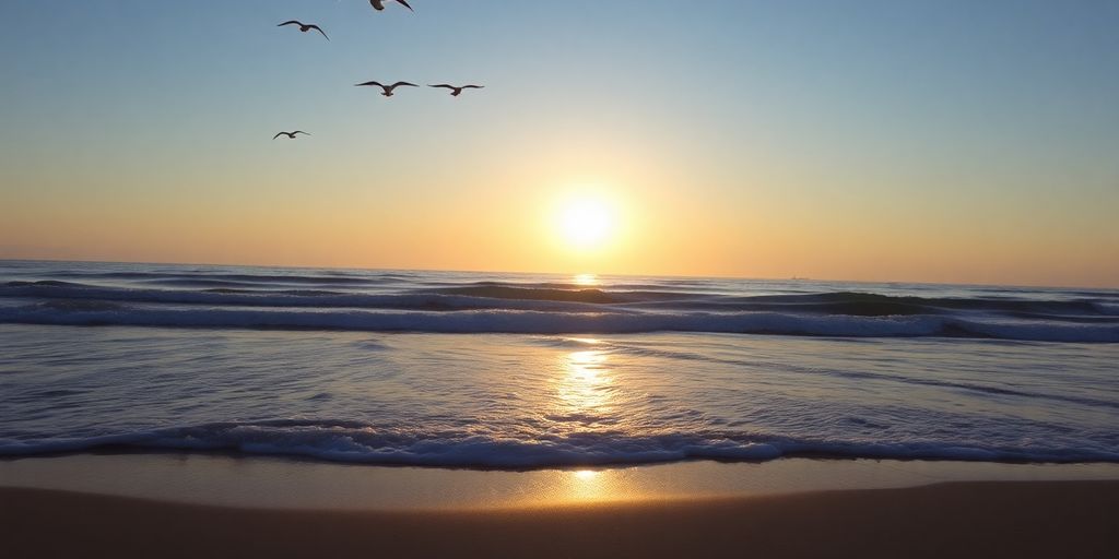 Coastal scene at high tide with setting sun.