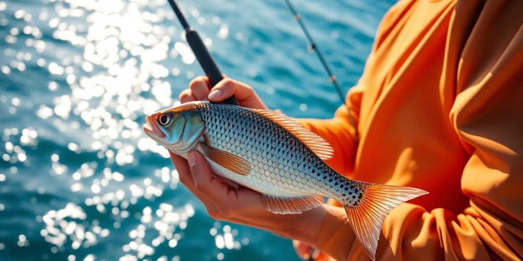 Fisherman using porgy rig in bright blue water.