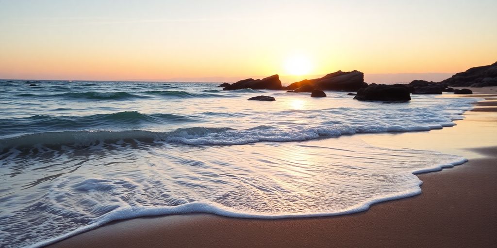 Coastal landscape illustrating tidal patterns at sunset.