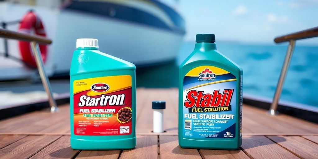 Two fuel stabilizer bottles on a boat deck.