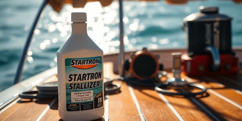 Bottle of Startron fuel stabilizer on a boat deck.