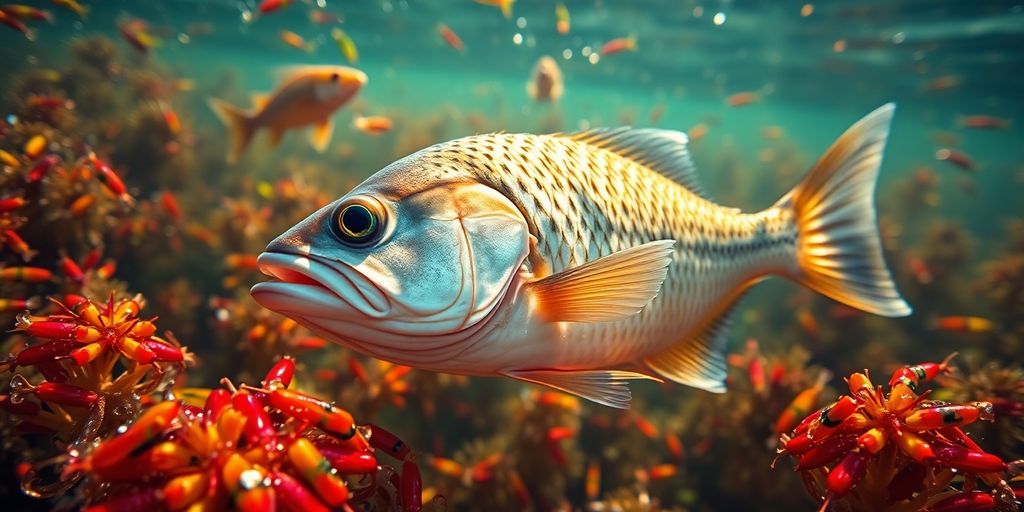 Underwater view of a porgy fish with bait.