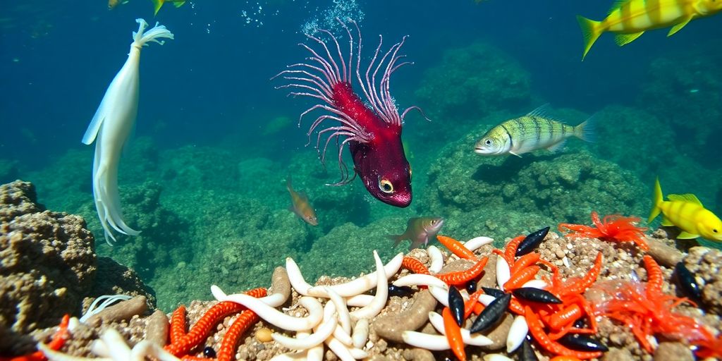 Underwater scene with bait options for porgy fishing.