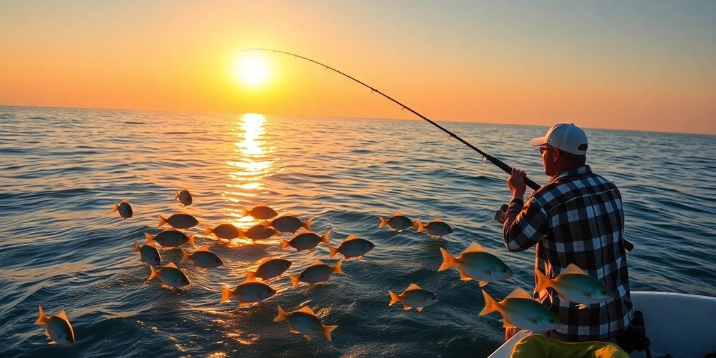 Fisherman casting line into ocean at sunset.