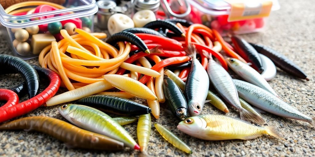 Close-up of baits for porgy fishing.